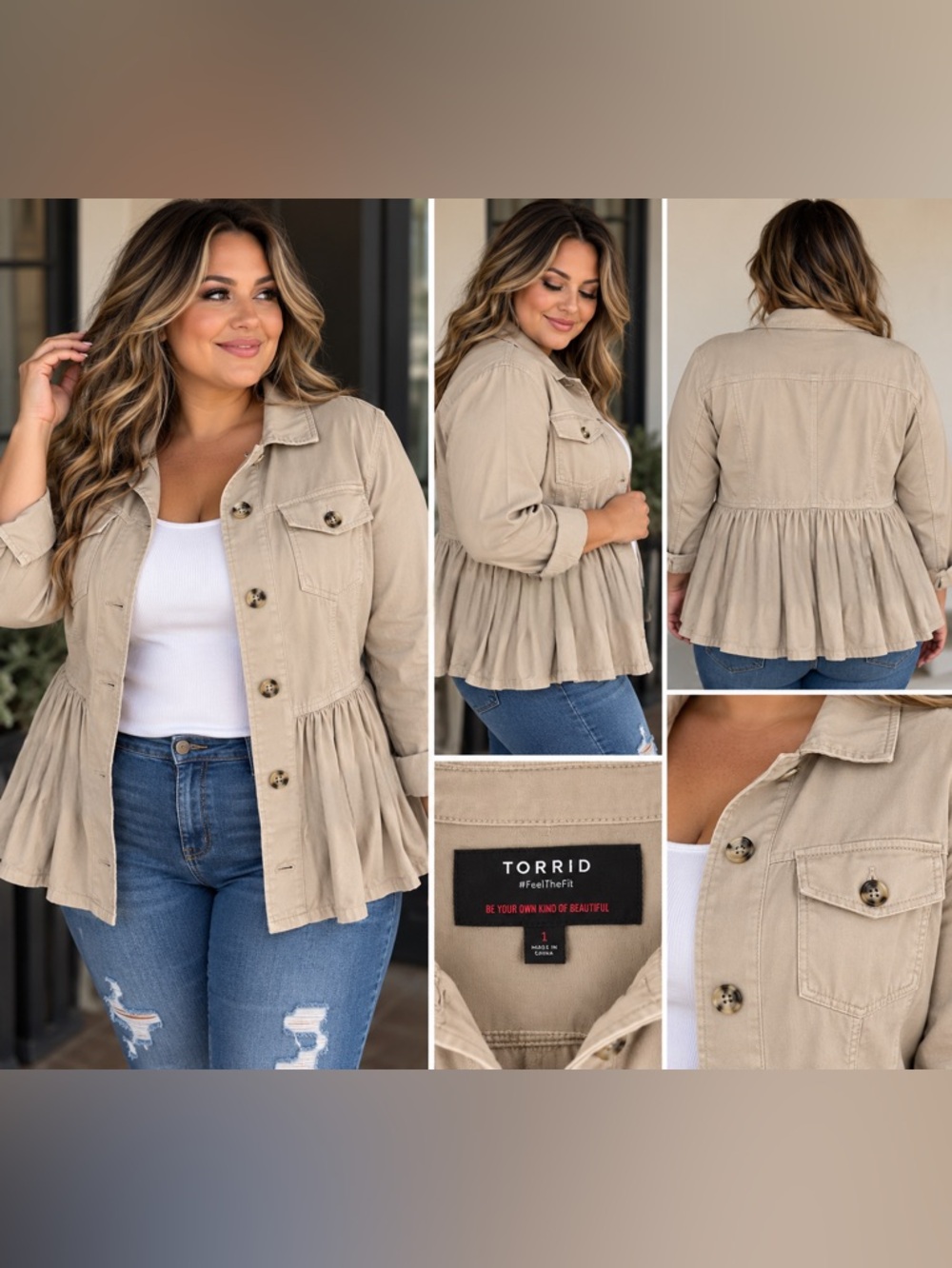 Torrid 1X Beige Ruffle Peplum Utility Jacket